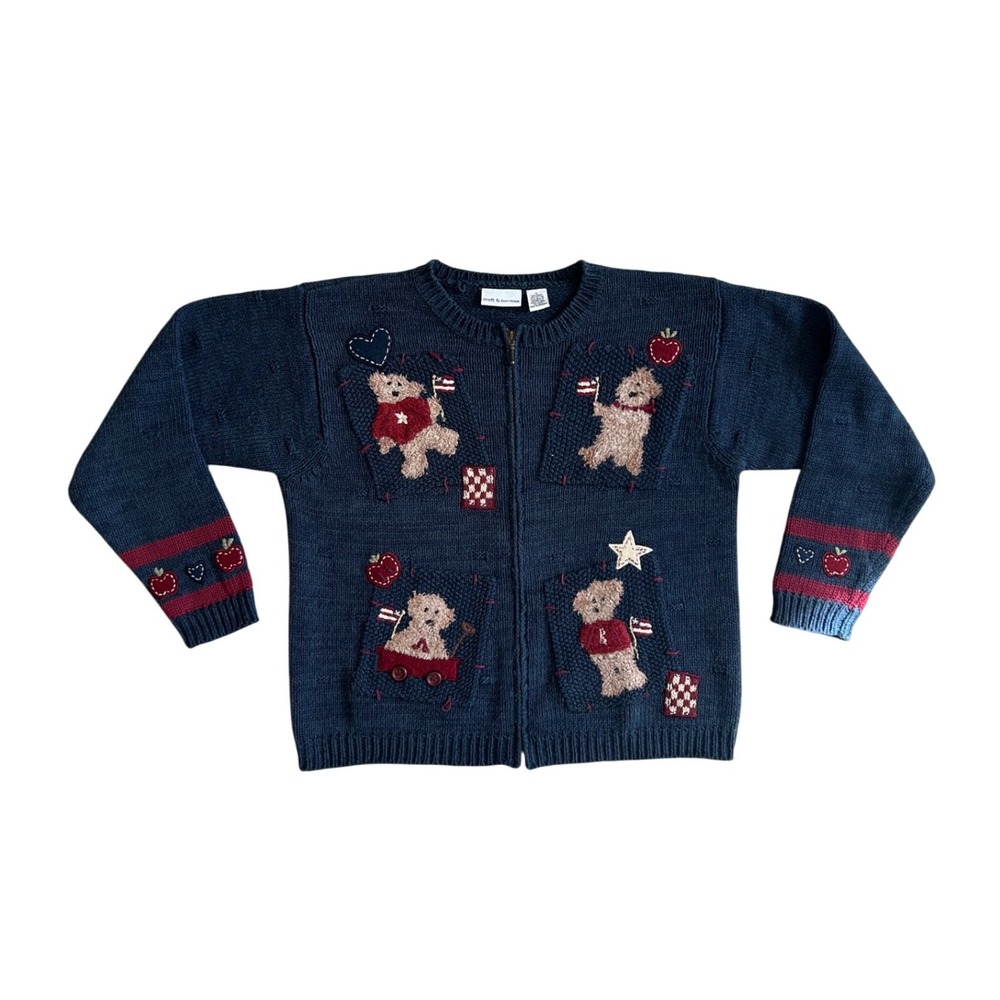 VTG Teddy Bear Navy Blue Zip Up Crew Neck Sweater Polo Granny cotton ramie L‎